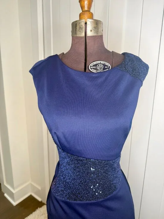 Navy Blue, Sequined Waist and Shoulder, Formal Evening Gown, Cap Sleeve, Size 6 - Picture 2 of 8